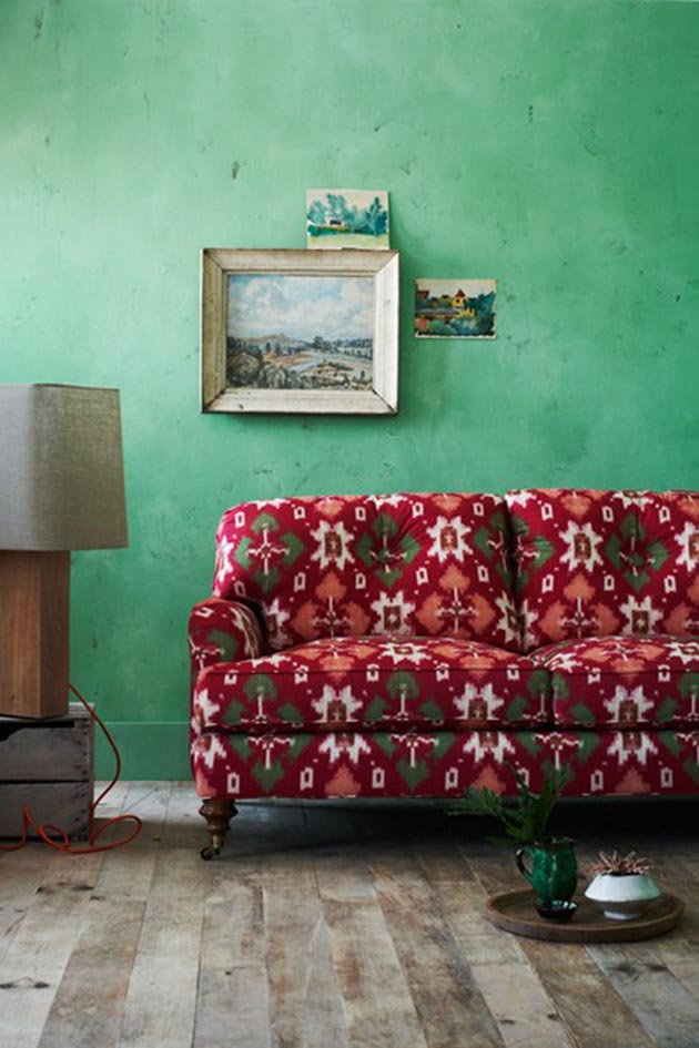 Green interior and red sofa