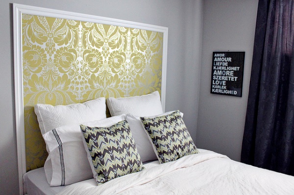 Leftover wallpaper used for headboard decoration