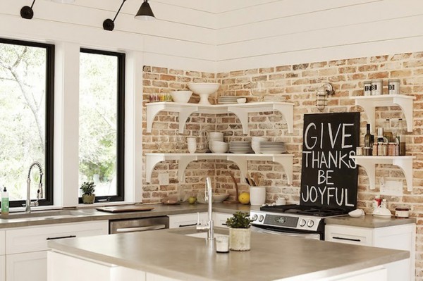 Exposed brick wall in the kitchen