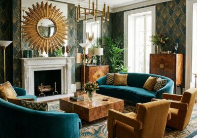 Art deco style interior with geometric patterns and gold accents