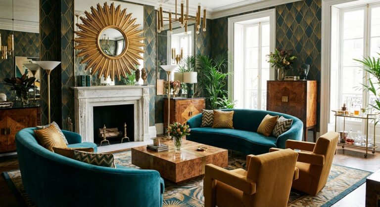 Art deco style interior with geometric patterns and gold accents