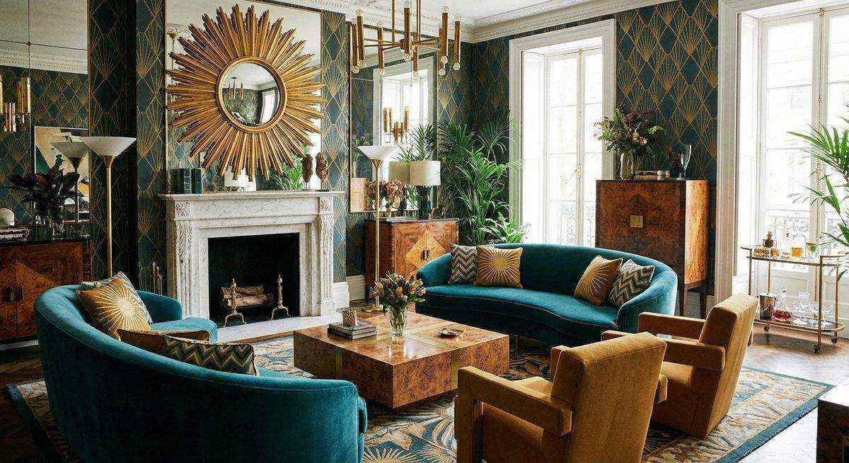 Art deco style interior with geometric patterns and gold accents