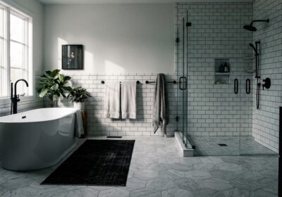 Black and white bathroom with high-contrast design
