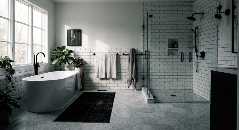 Black and white bathroom with high-contrast design