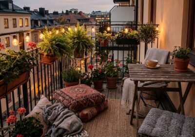 Cozy balcony setup with plants and outdoor seating