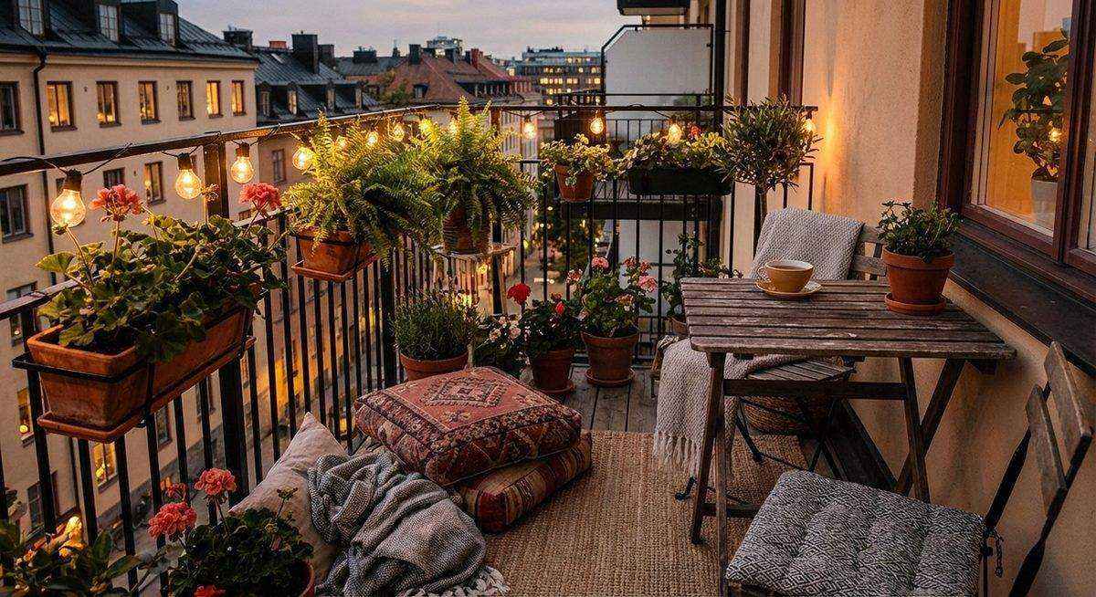 Cozy balcony setup with plants and outdoor seating