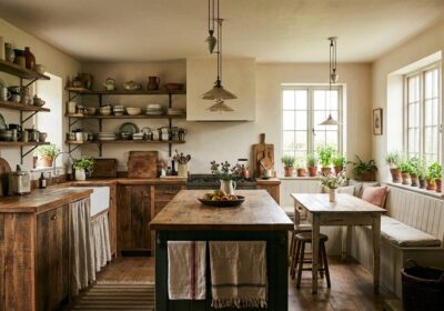 Cozy kitchen with warm lighting and natural materials