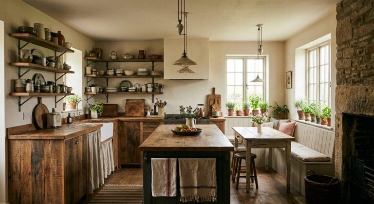 Cozy kitchen with warm lighting and natural materials