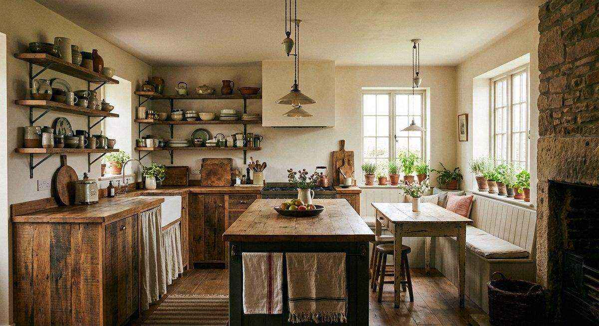 Cozy kitchen with warm lighting and natural materials