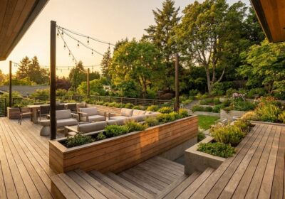 Outdoor deck design with seating and landscaping