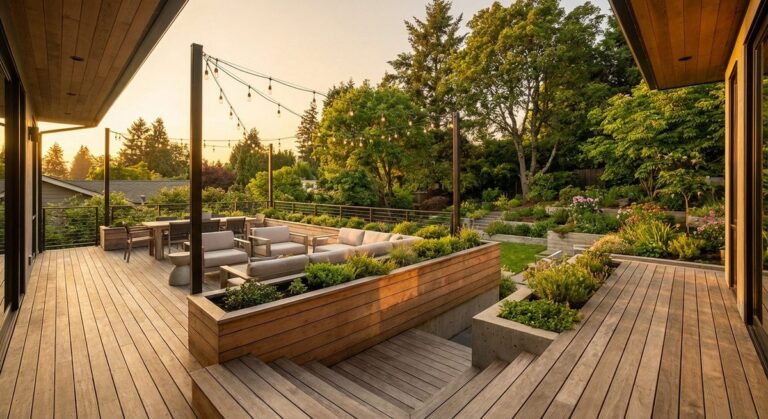 Outdoor deck design with seating and landscaping