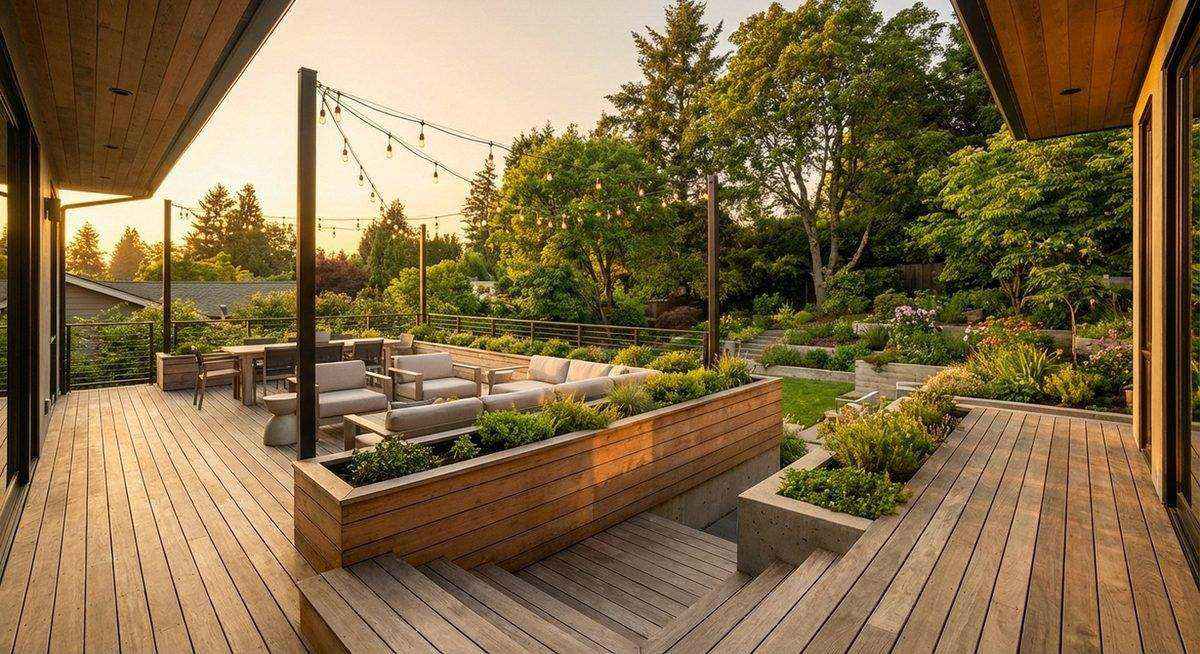 Outdoor deck design with seating and landscaping