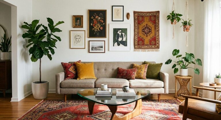 Eclectic style interior mixing patterns and textures