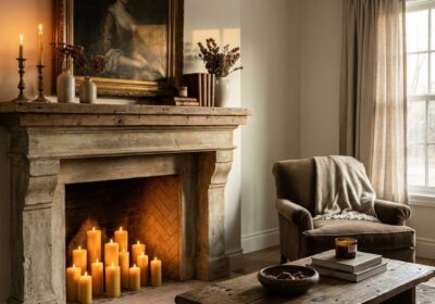 Faux fireplace mantel as decorative focal point