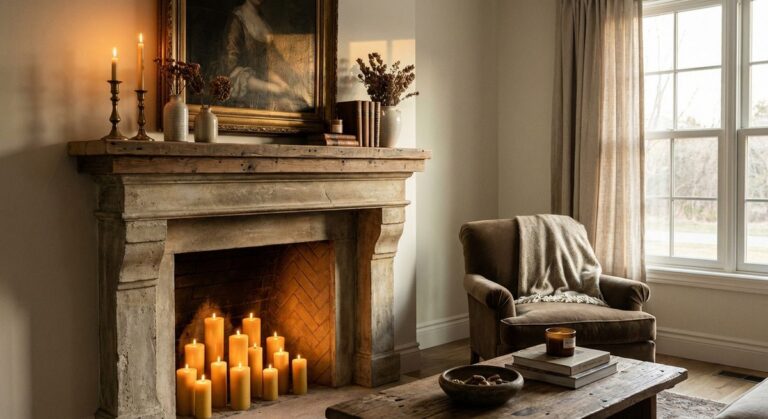 Faux fireplace mantel as decorative focal point