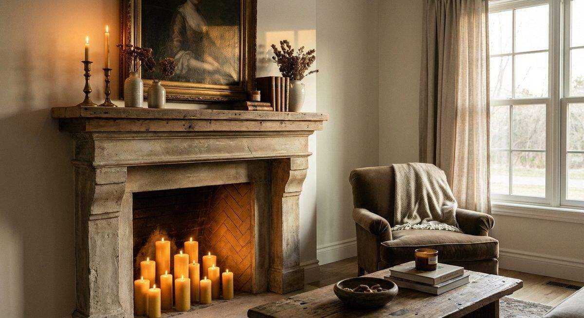 Faux fireplace mantel as decorative focal point