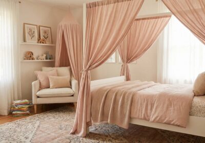 Girls bedroom with playful decor and soft colors