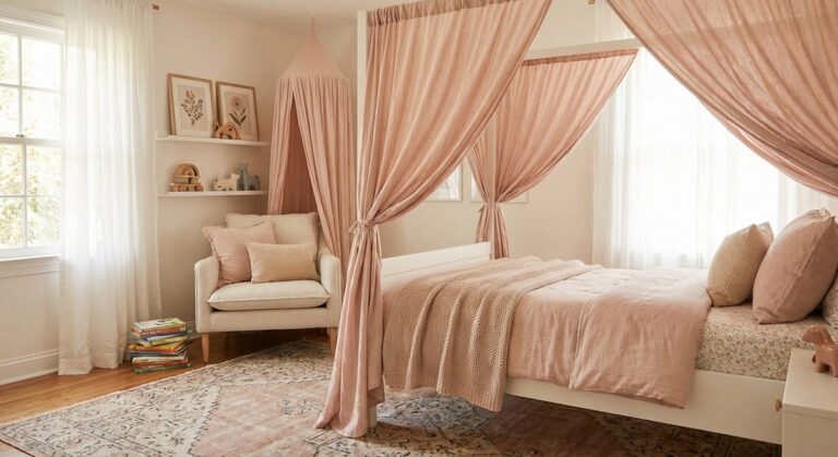 Girls bedroom with playful decor and soft colors