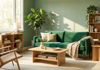 Green living room with natural tones and indoor plants