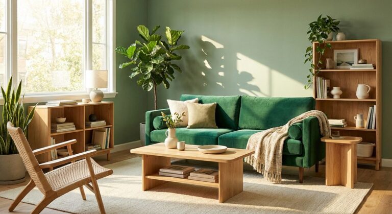 Green living room with natural tones and indoor plants