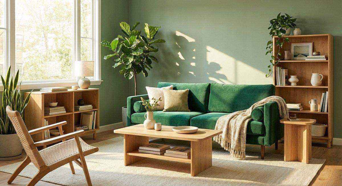 Green living room with natural tones and indoor plants