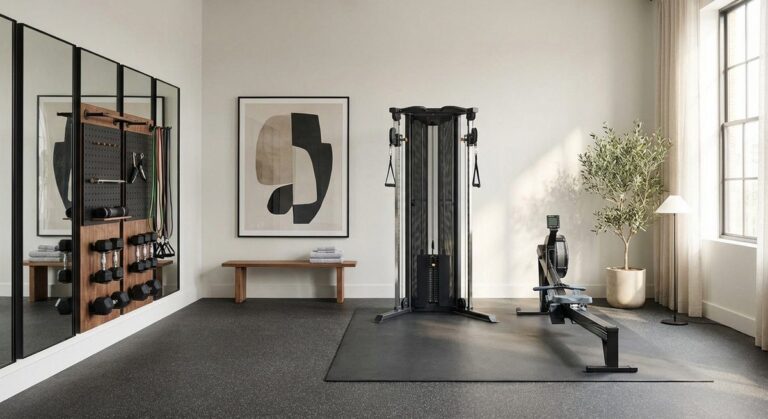 Home gym setup with workout equipment and mirrors