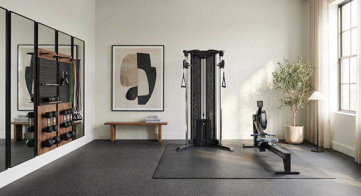 Home gym setup with workout equipment and mirrors