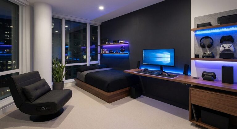 Modern teen room with trendy decor and furniture