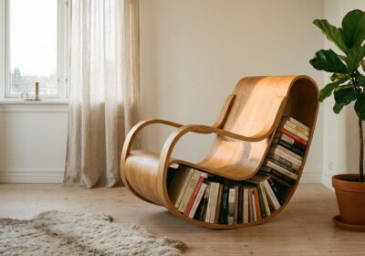 Motion bookshelf with kinetic design feature