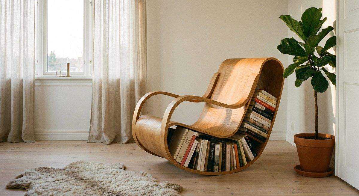 Motion bookshelf with kinetic design feature