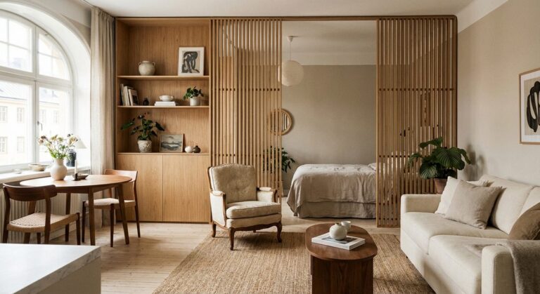 One room apartment with multifunctional furniture layout
