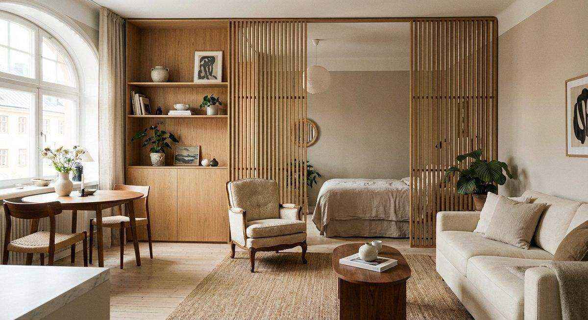 One room apartment with multifunctional furniture layout