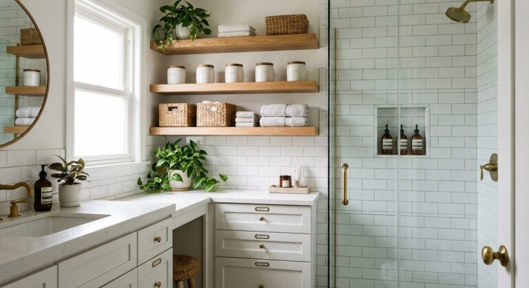 Organized bathroom with tidy storage solutions