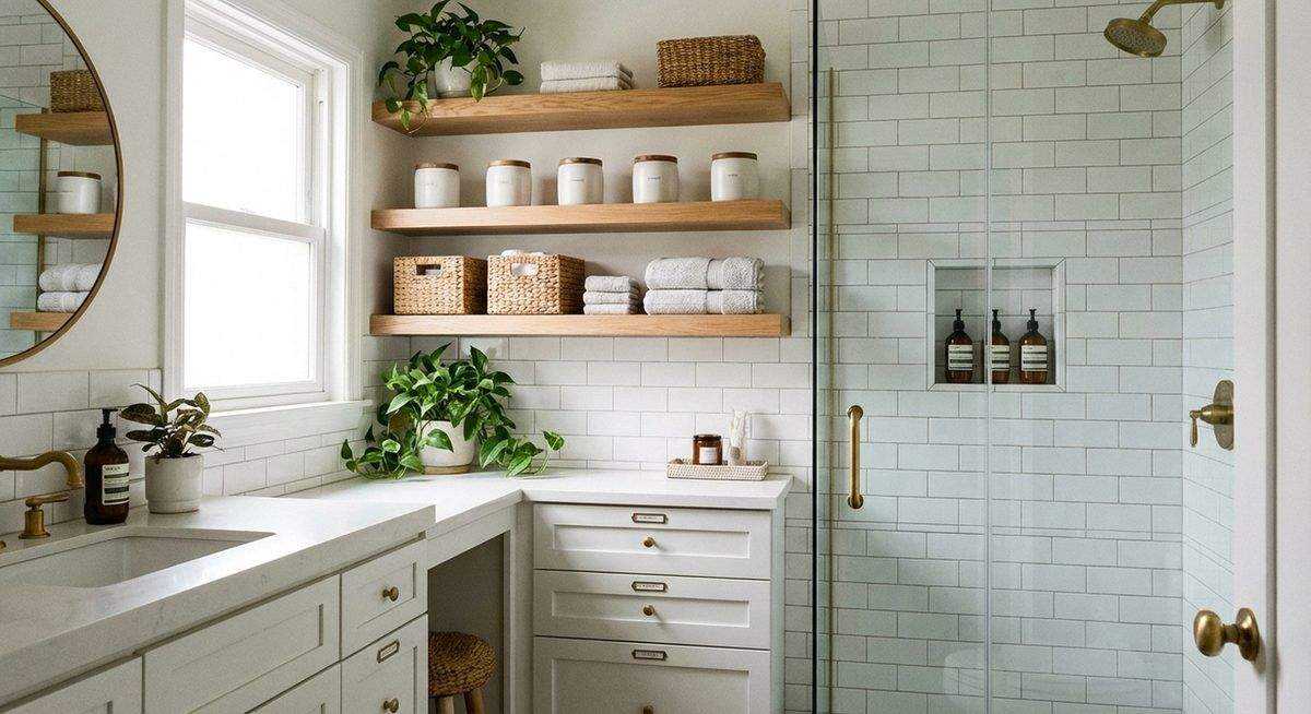 Organized bathroom with tidy storage solutions