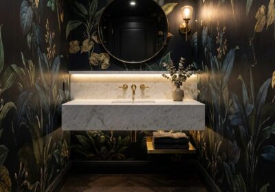 Powder room design with stylish vanity and mirror