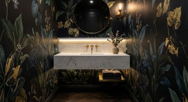 Powder room design with stylish vanity and mirror