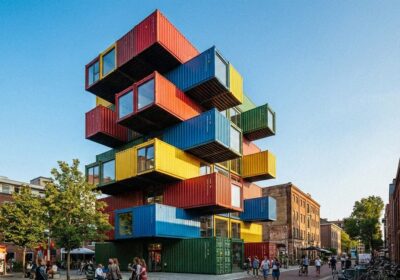 Shipping container buildings converted into living spaces