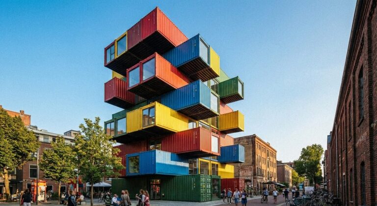 Shipping container buildings converted into living spaces