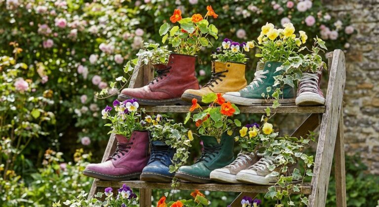 Repurposed shoe planters as quirky garden decor