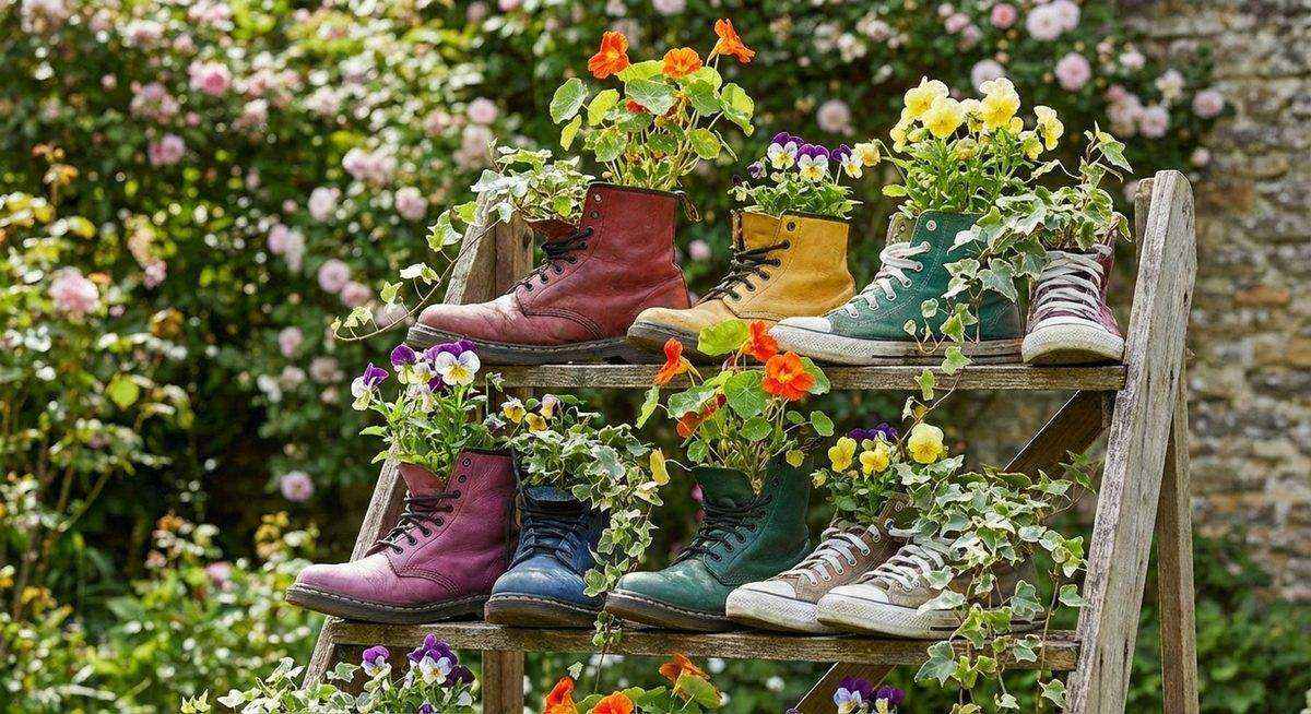 Repurposed shoe planters as quirky garden decor