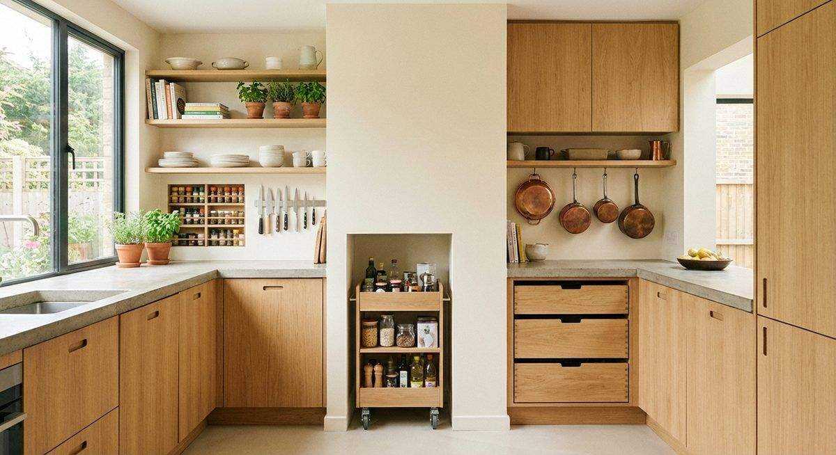 Small kitchen design maximizing counter and cabinet space