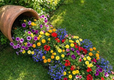 Spilled flower pot garden art installation