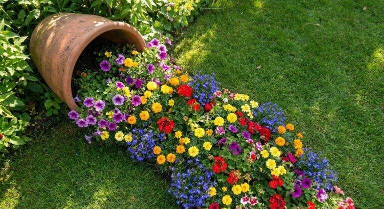 Spilled flower pot garden art installation