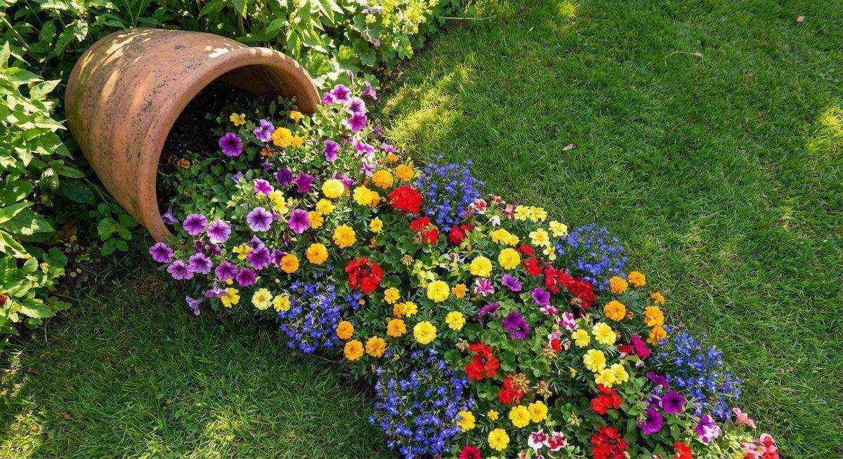 Spilled flower pot garden art installation