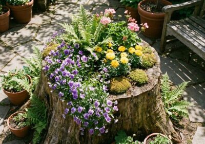 Tree stump garden decor and outdoor seating