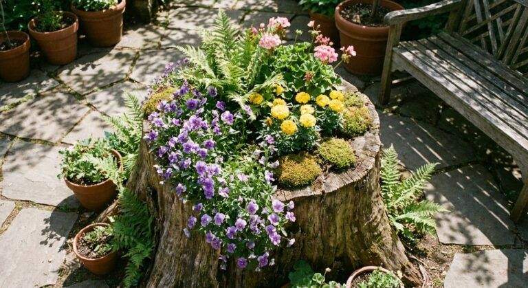 Tree stump garden decor and outdoor seating