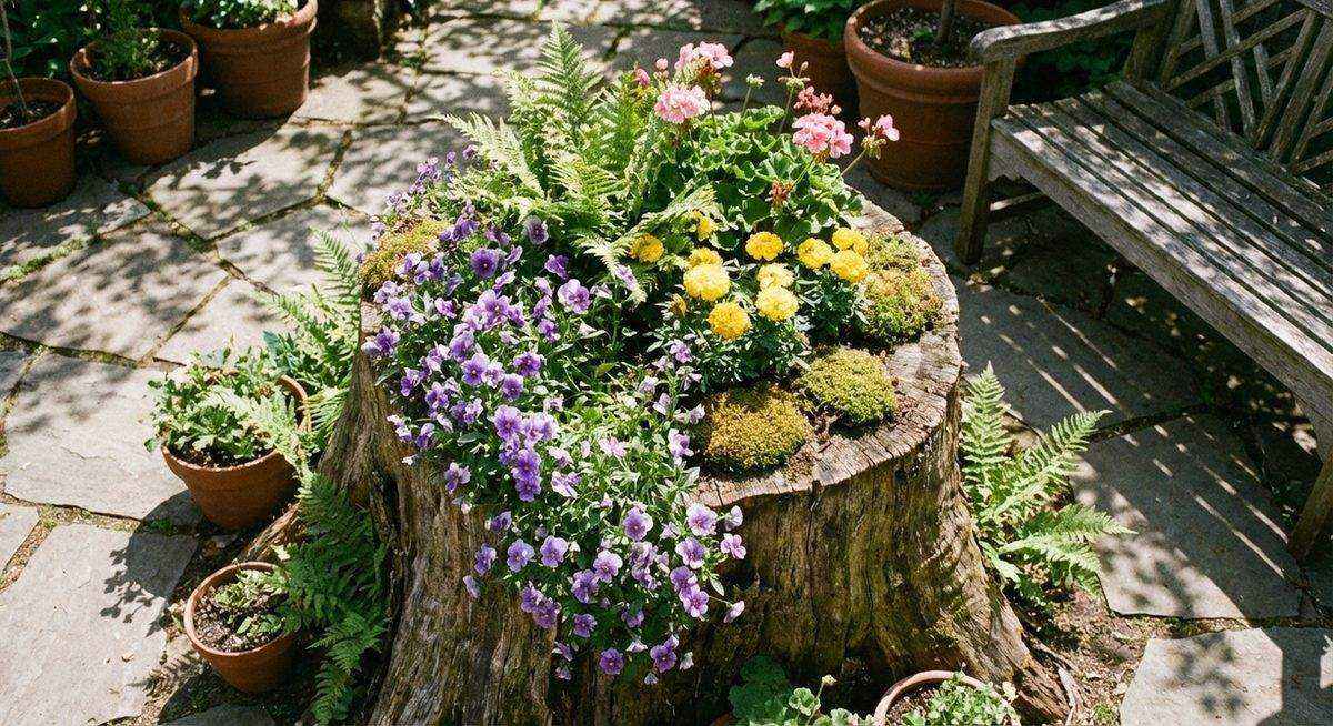Tree stump garden decor and outdoor seating