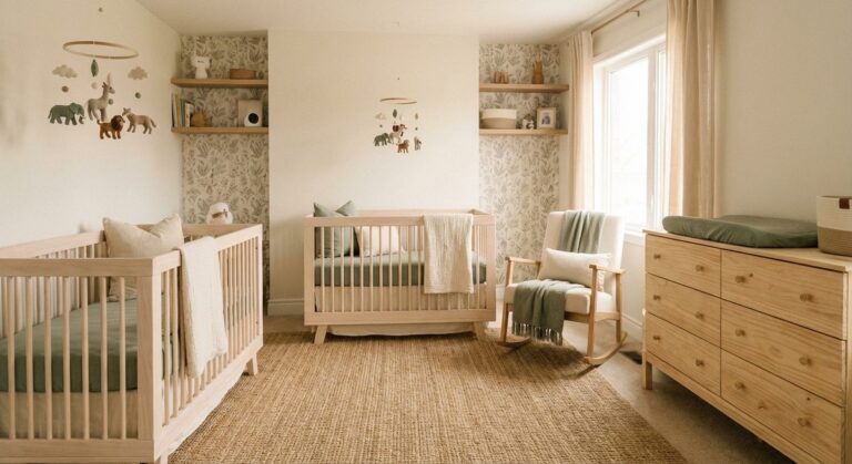 Twins nursery room with matching cribs and decor