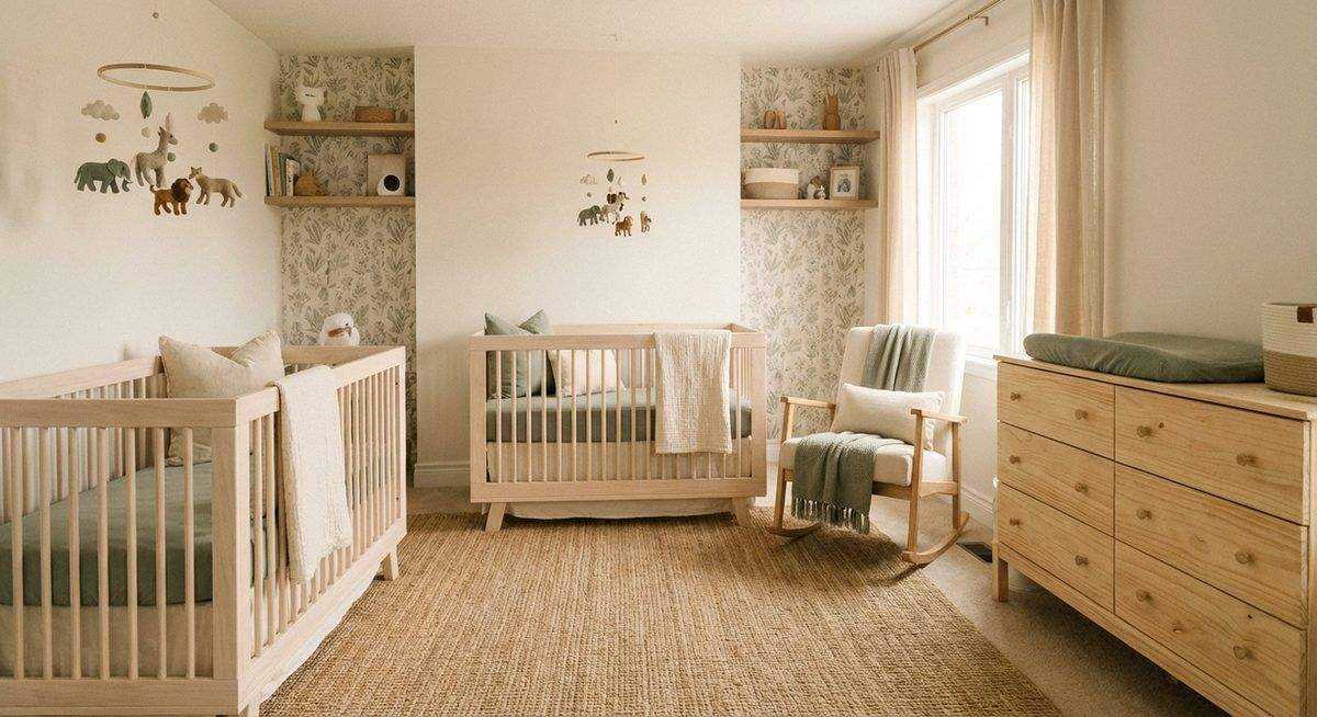 Twins nursery room with matching cribs and decor