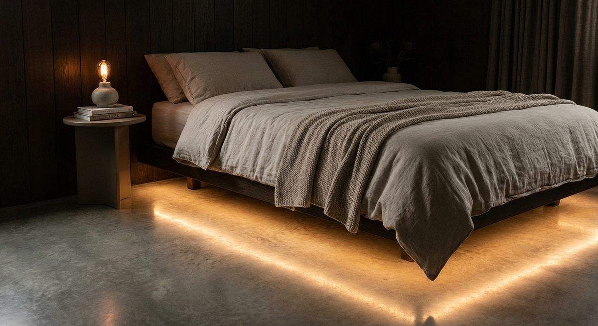 Under bed LED lighting for ambient bedroom glow